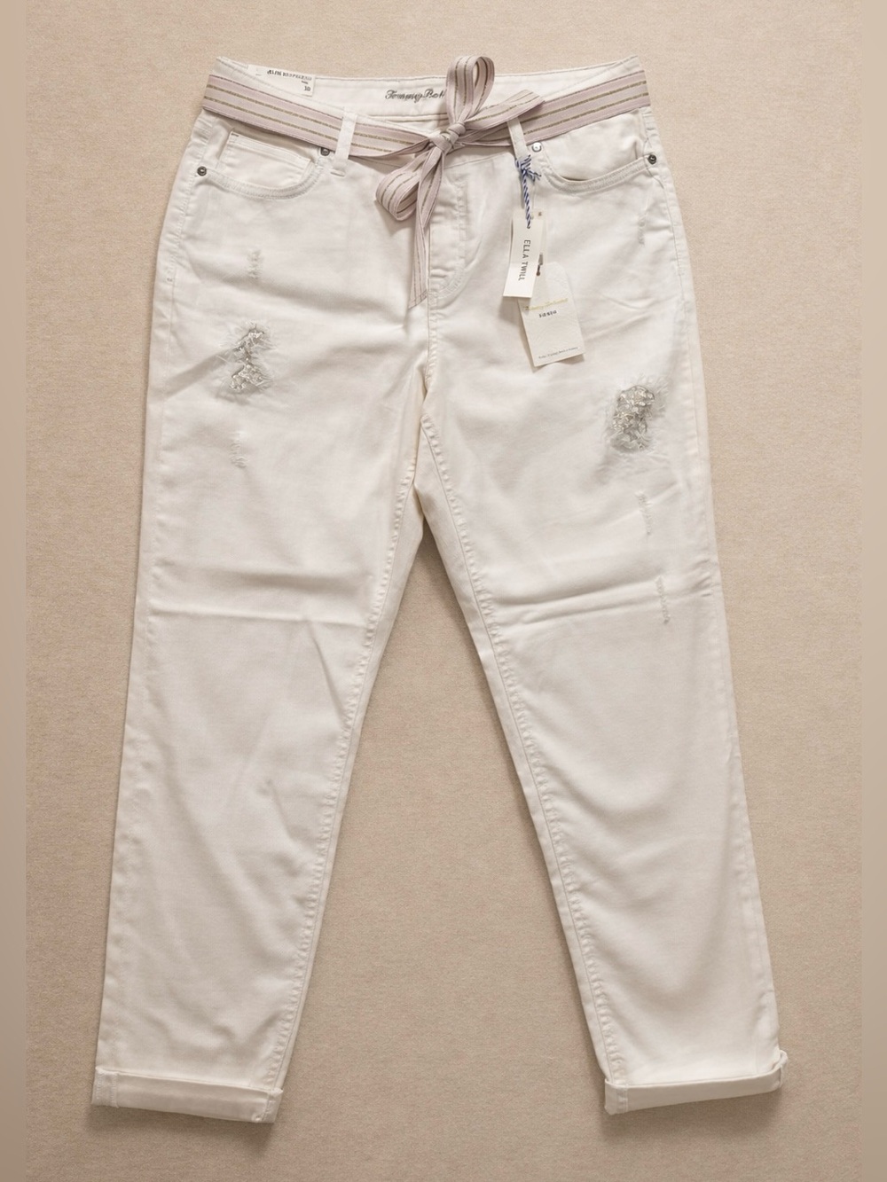 NWT Tommy Bahama Ella Twill Slim Boyfriend Pants White Size 10 Sequin Details